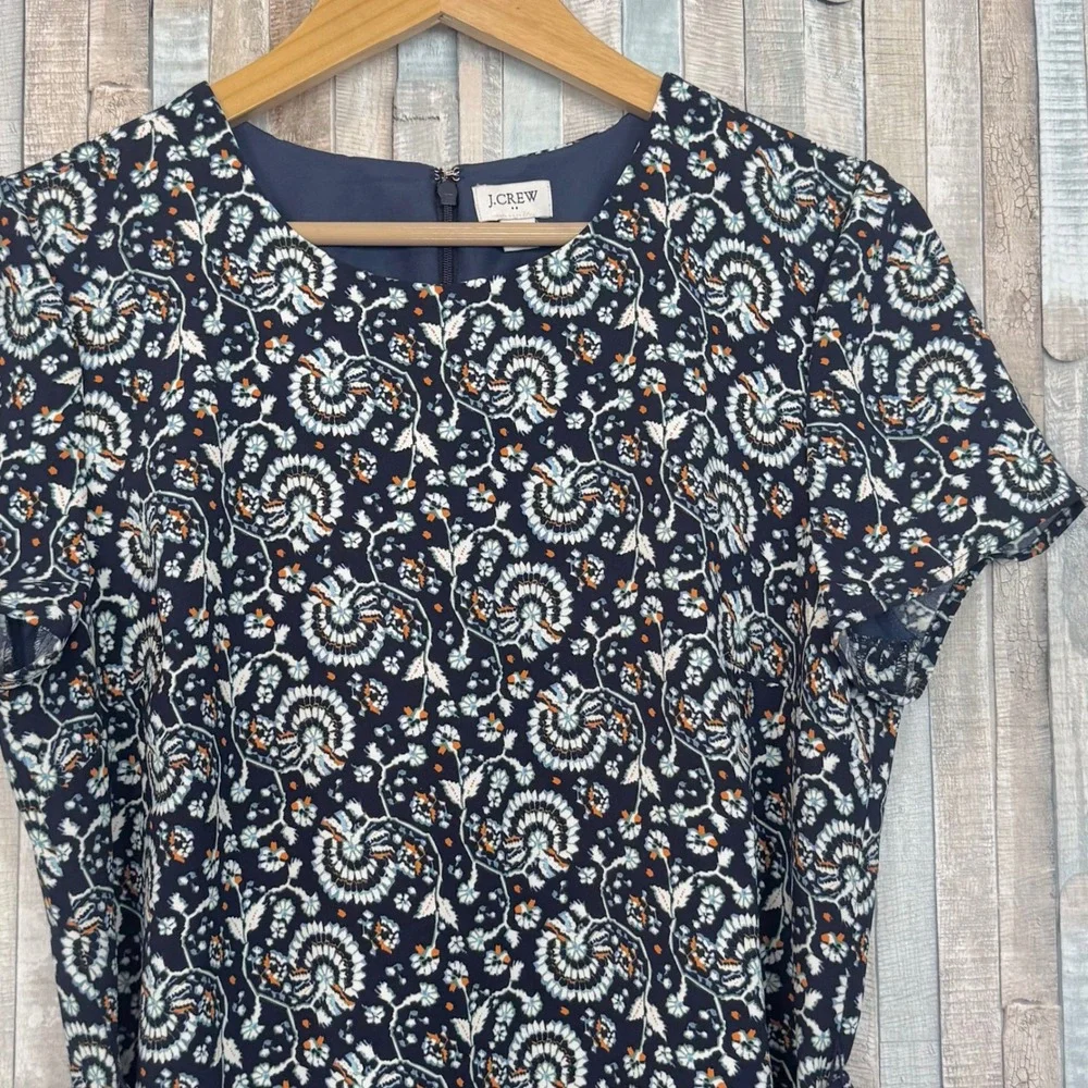 J‎ Crew 12 Navy Floral Paisley Belted Suiting Dress Short Sleeve Office Sheath